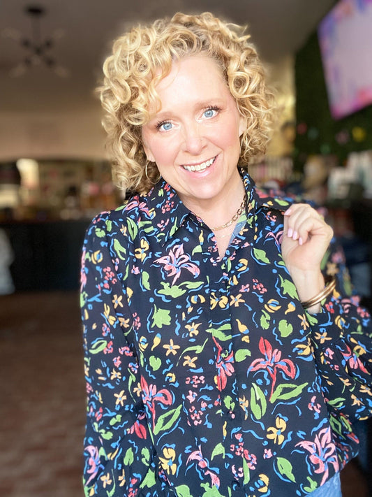 Tops Black Floral Long Sleeve Blouse