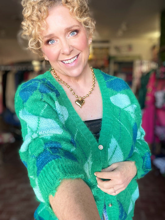 Tops Buffy Argyle Cardigan- Green