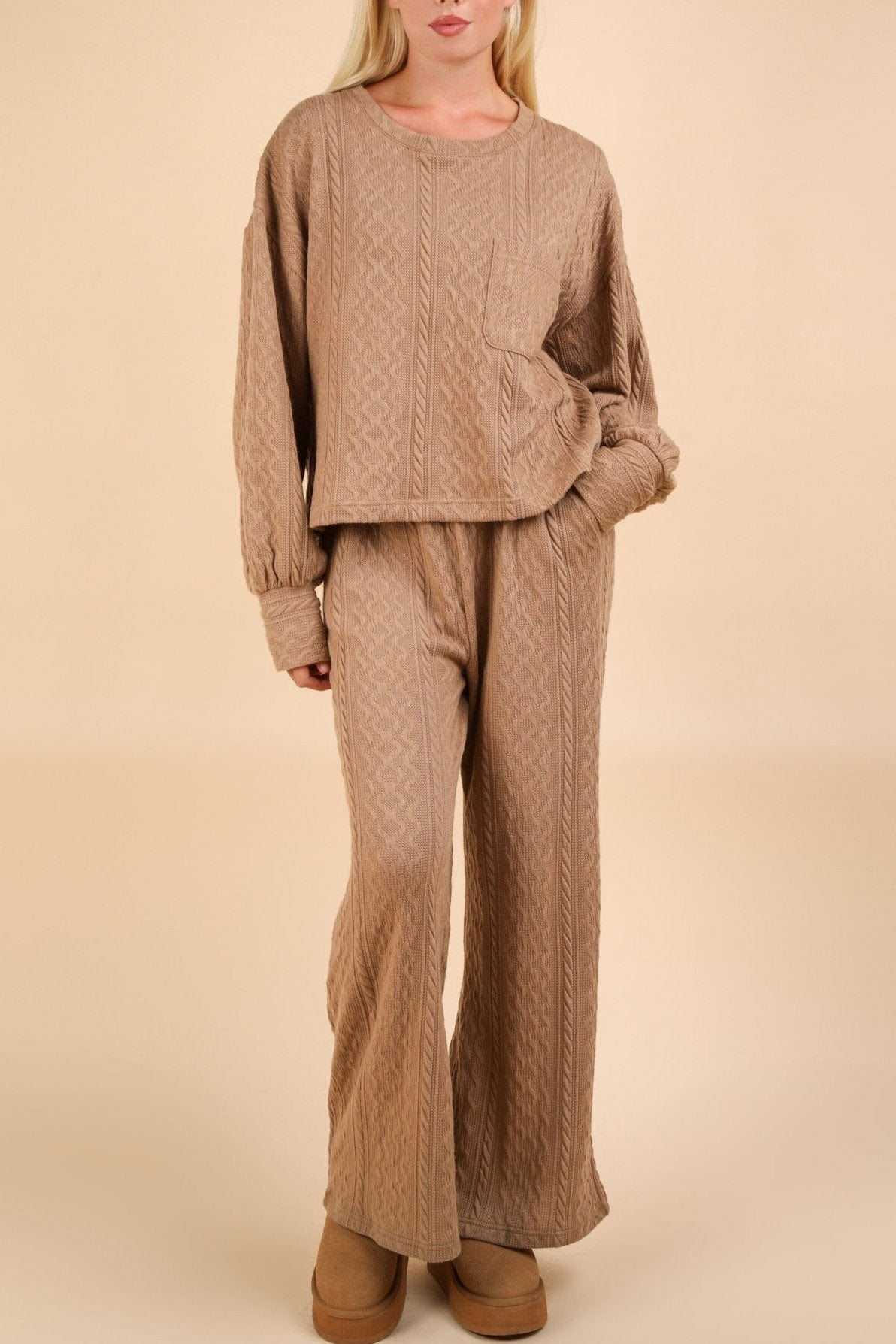 apparel Cable Knit Sweater Set- Mocha