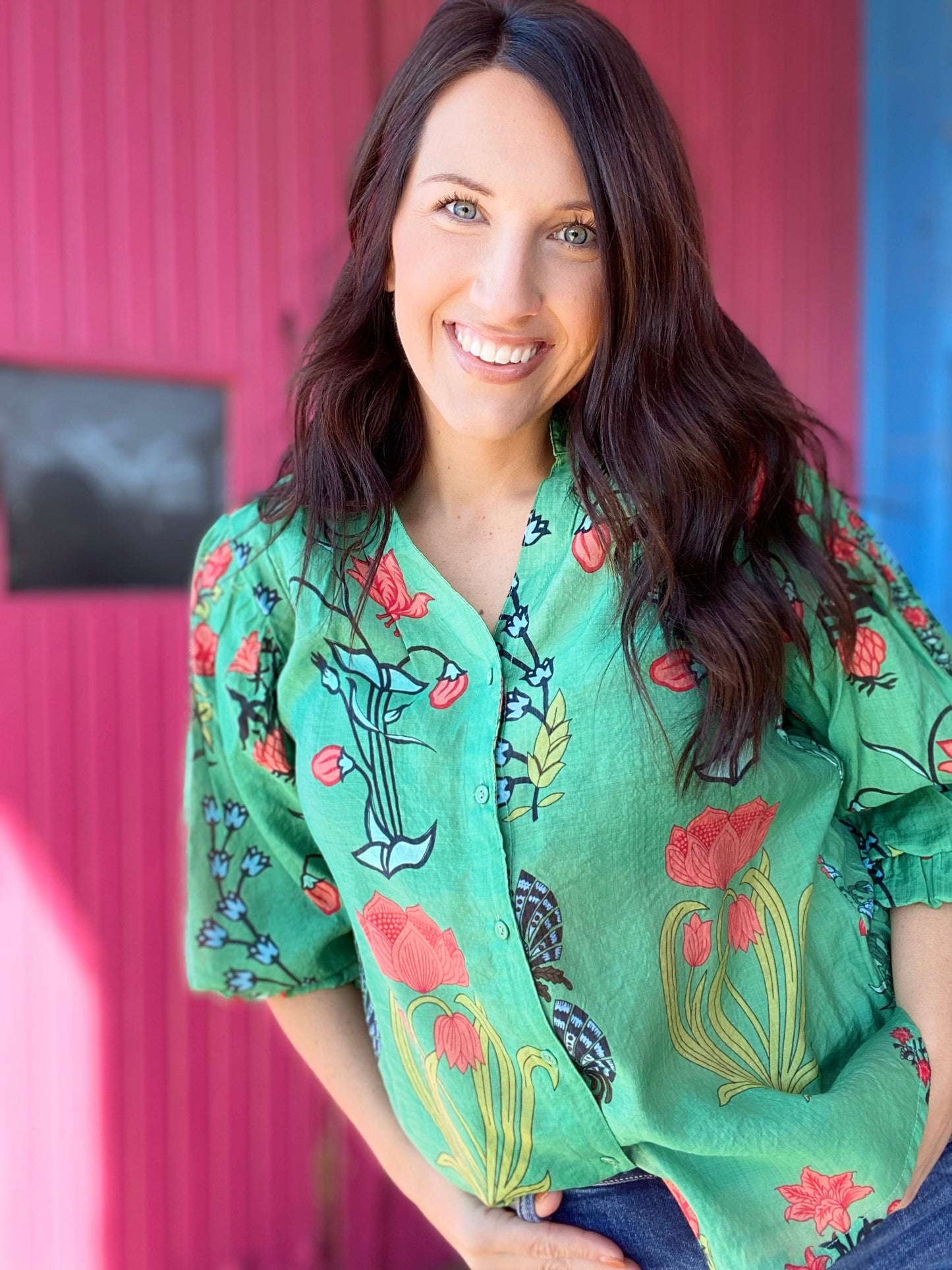 Tops Cady Floral Balloon Sleeve Top- Green