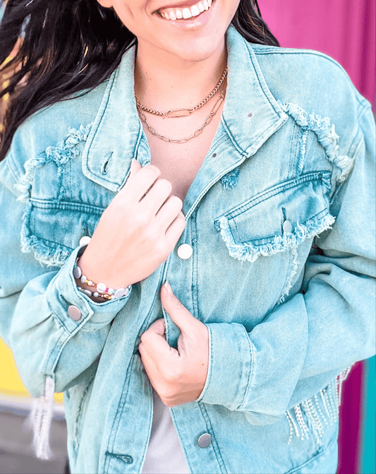 Outerwear Distressed Rhinestone Fringe Jacket Vintage Green