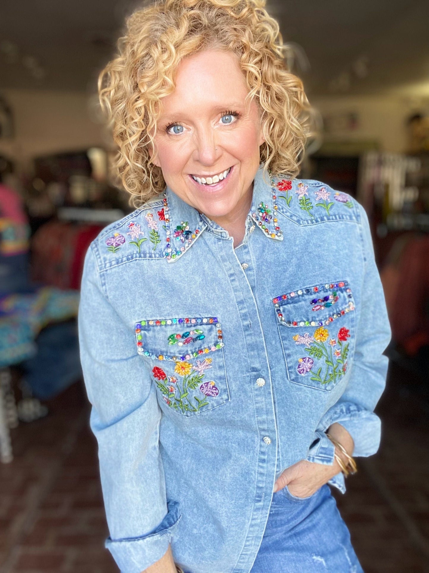 Tops Fancie Sequin Embroidered Denim Top