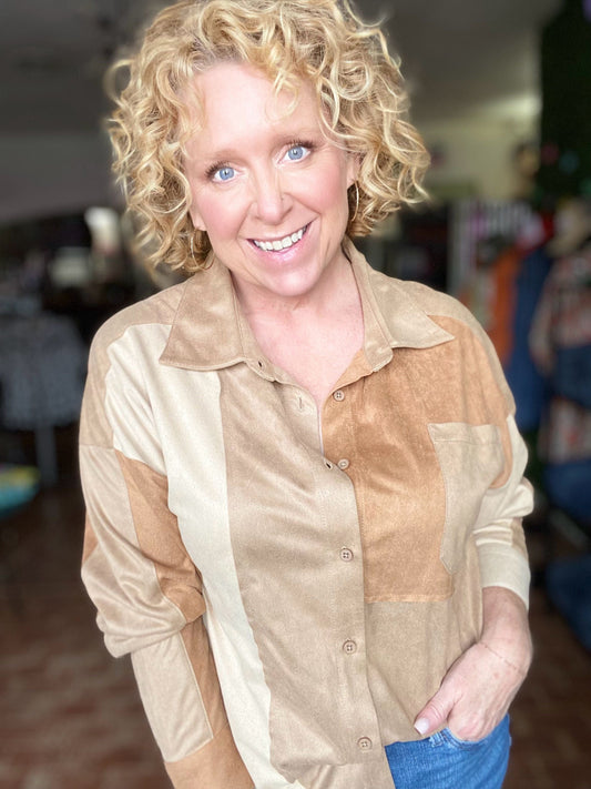 Tops Faux Suede Color Block Top-Taupe