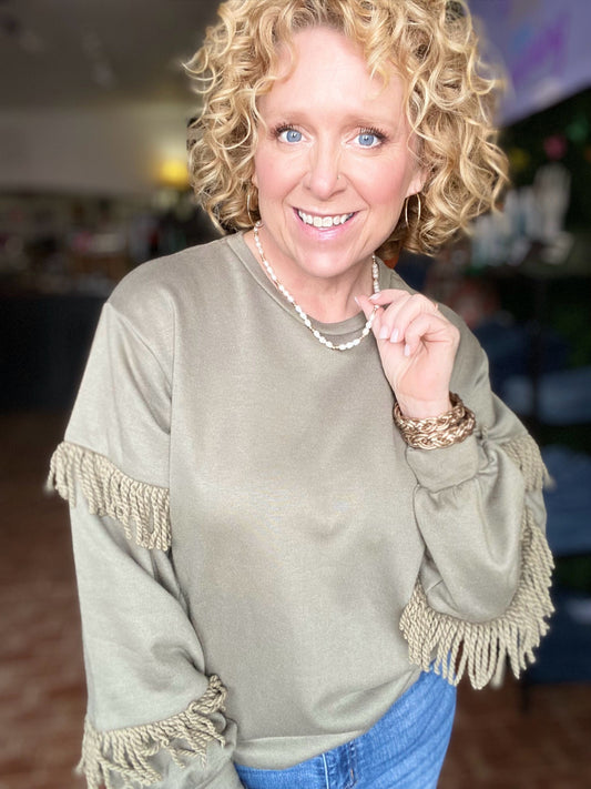 Tops Fringe Sleeve Pullover-Olive