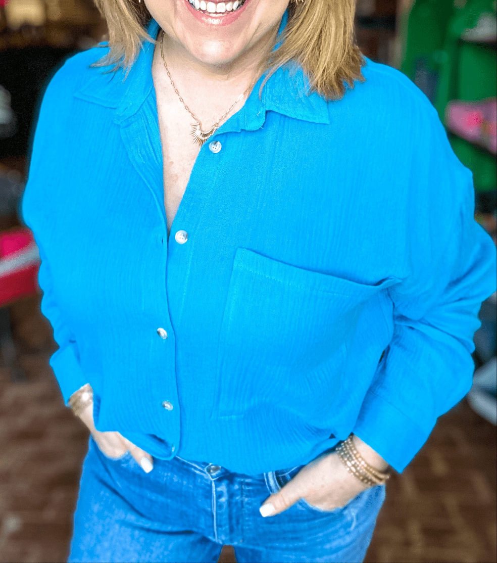 Tops Gauzy Button Down Aqua