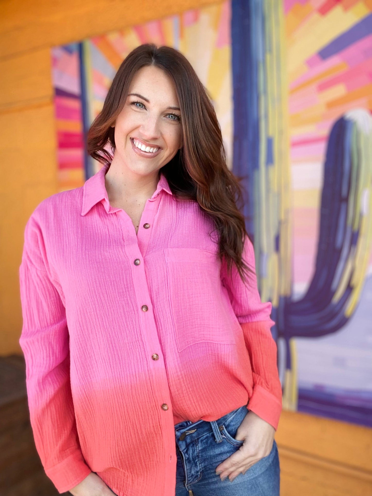 apparel Gauzy Button Down Ombre Pink