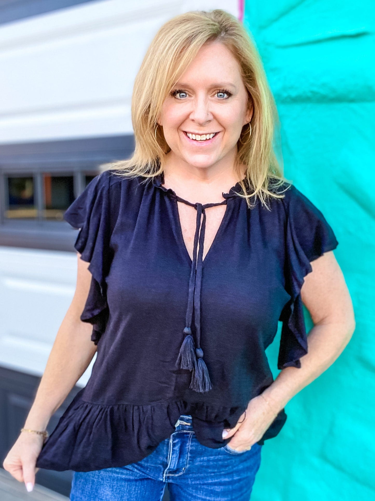Tops Linen Ruffle Sleeve Top
