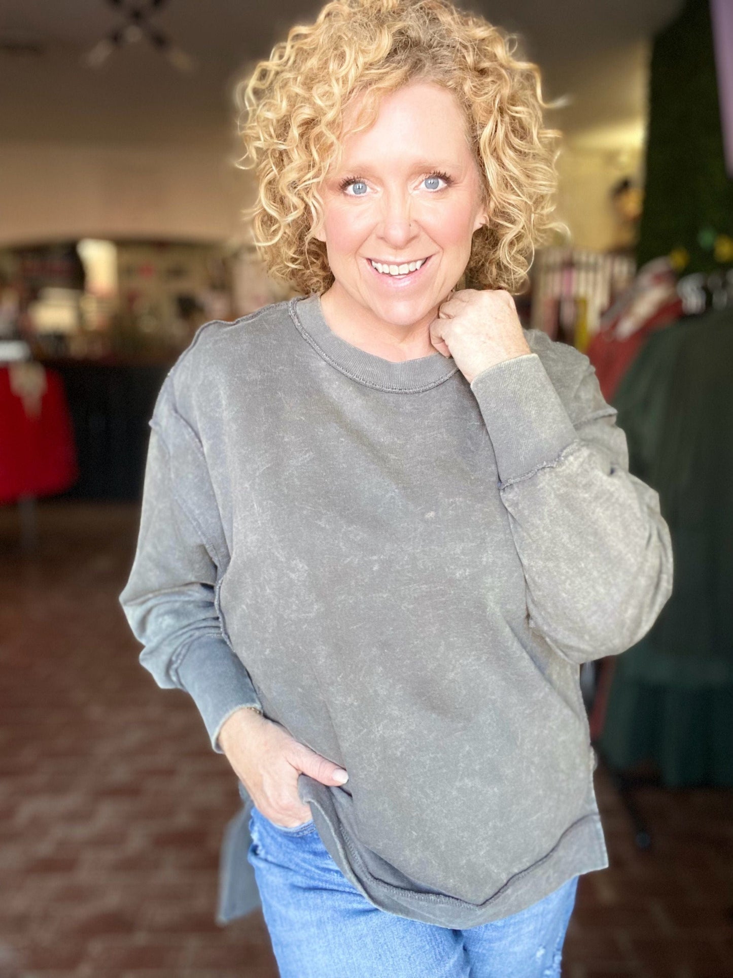 Tops Maggie Mineral Washed Pullover-Gray