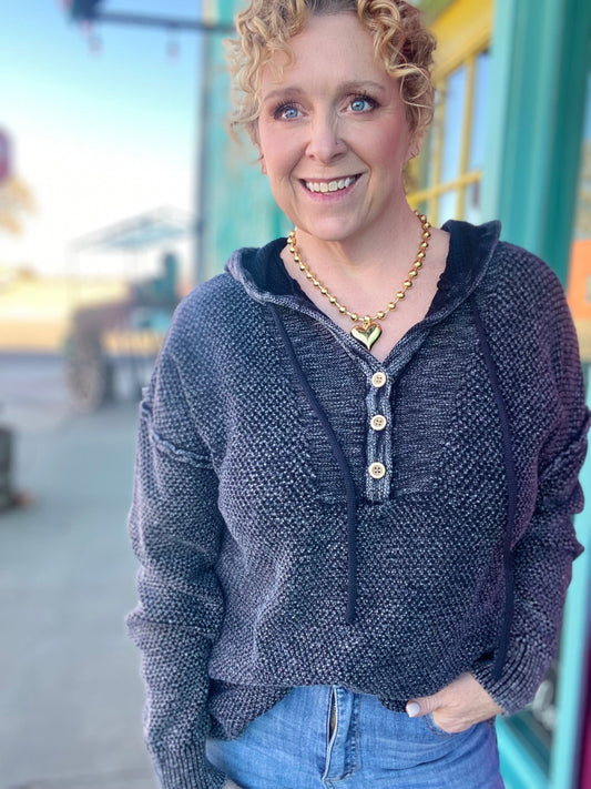 Tops Milly Half Button Hoodie Sweater- Black