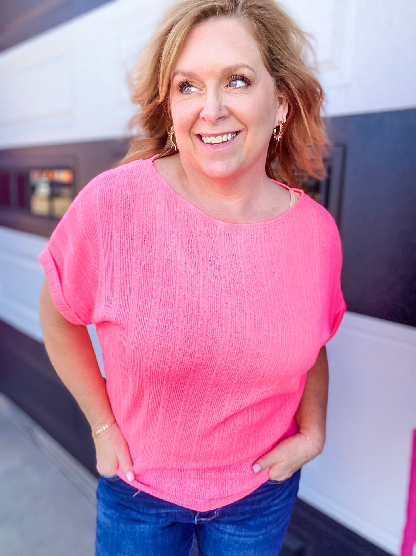 Shirts & Tops Off Shoulder Knit Top- Neon Pink