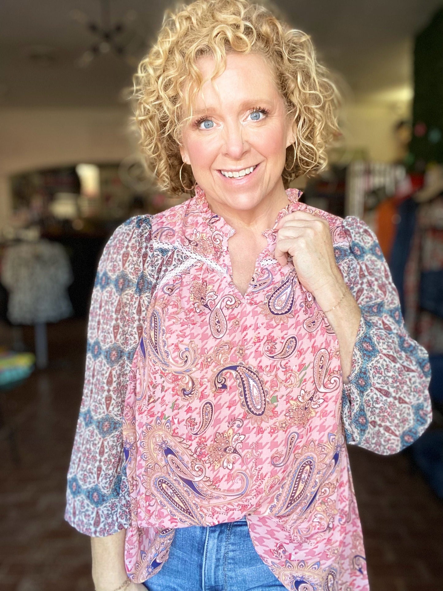 Tops Paisley Ruffle Neck Blouse