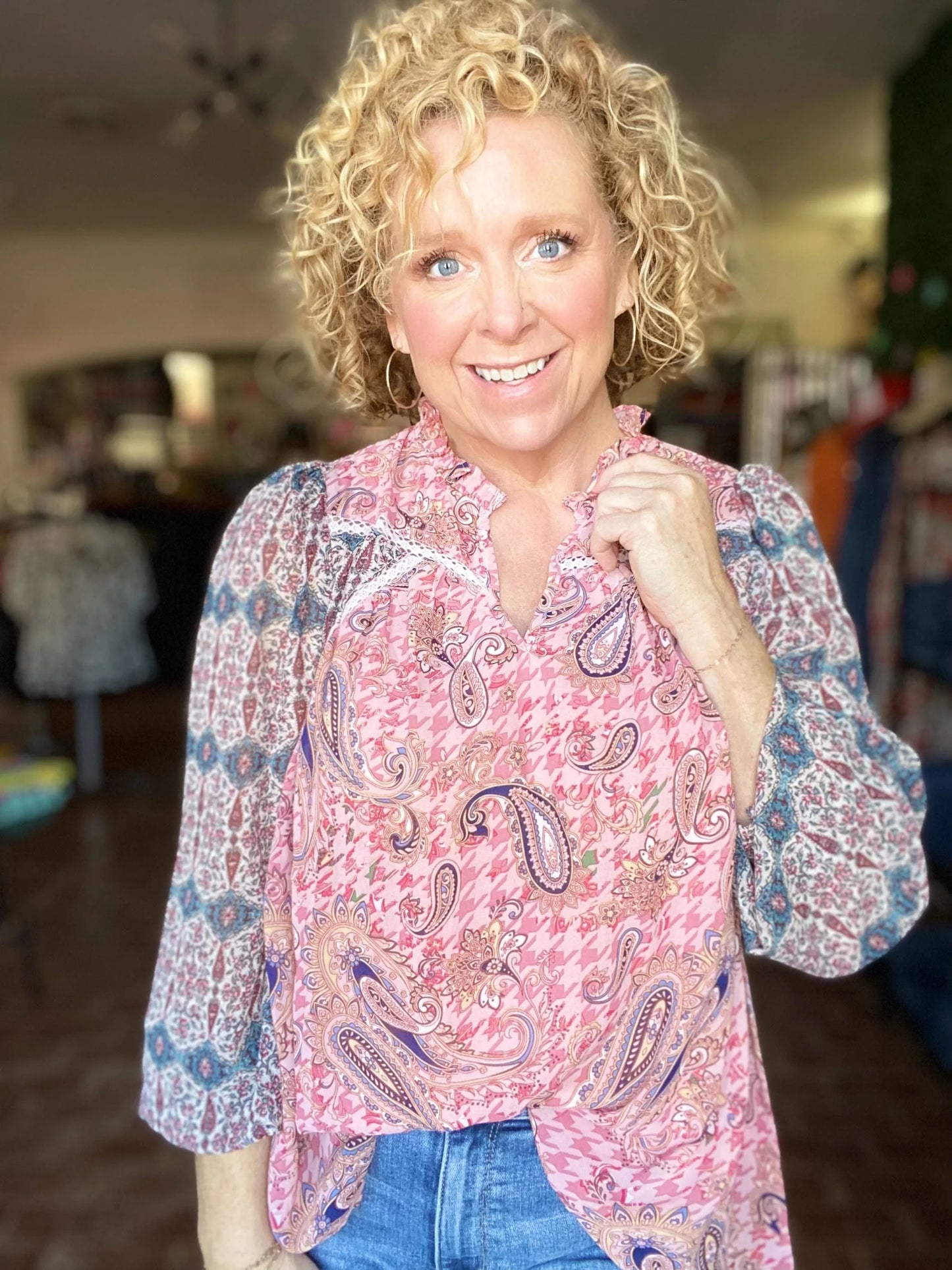 Tops Paisley Ruffle Neck Blouse