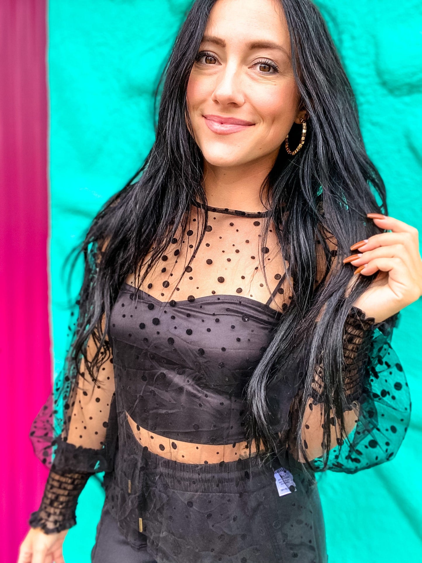 Outerwear Polka Dot Sheer Top-Black