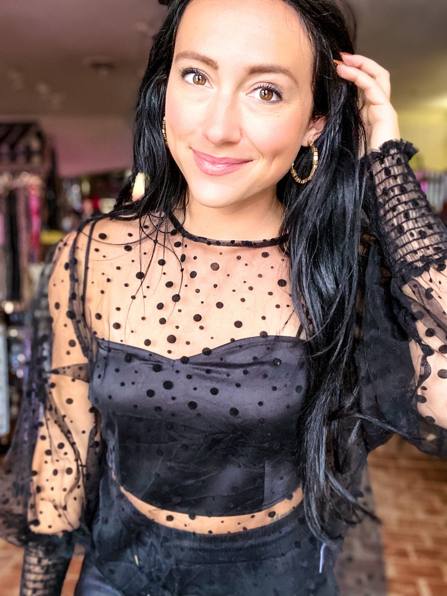 Outerwear Polka Dot Sheer Top-Black