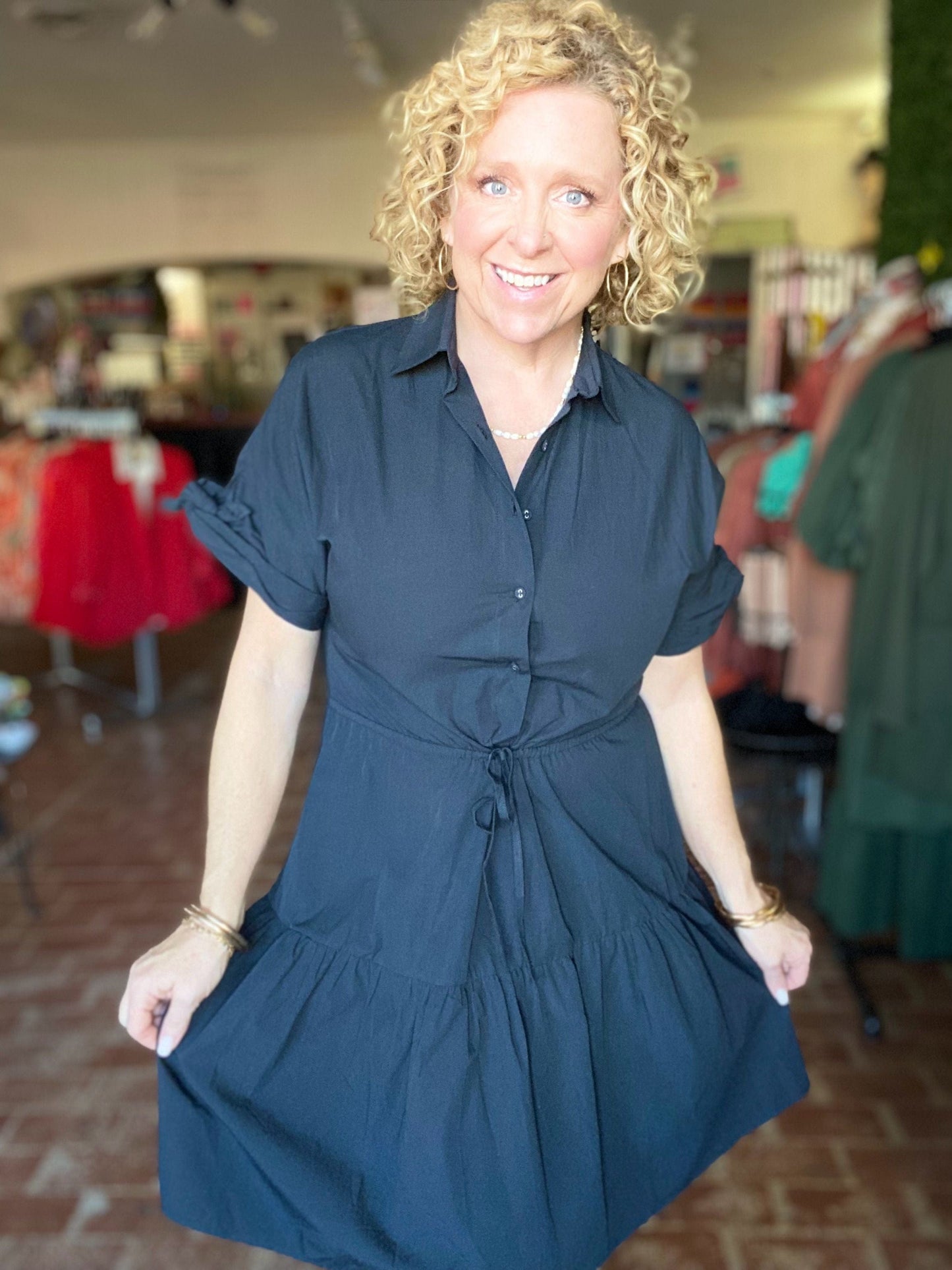 Dresses Poplin Cinch Waist Dress- Black