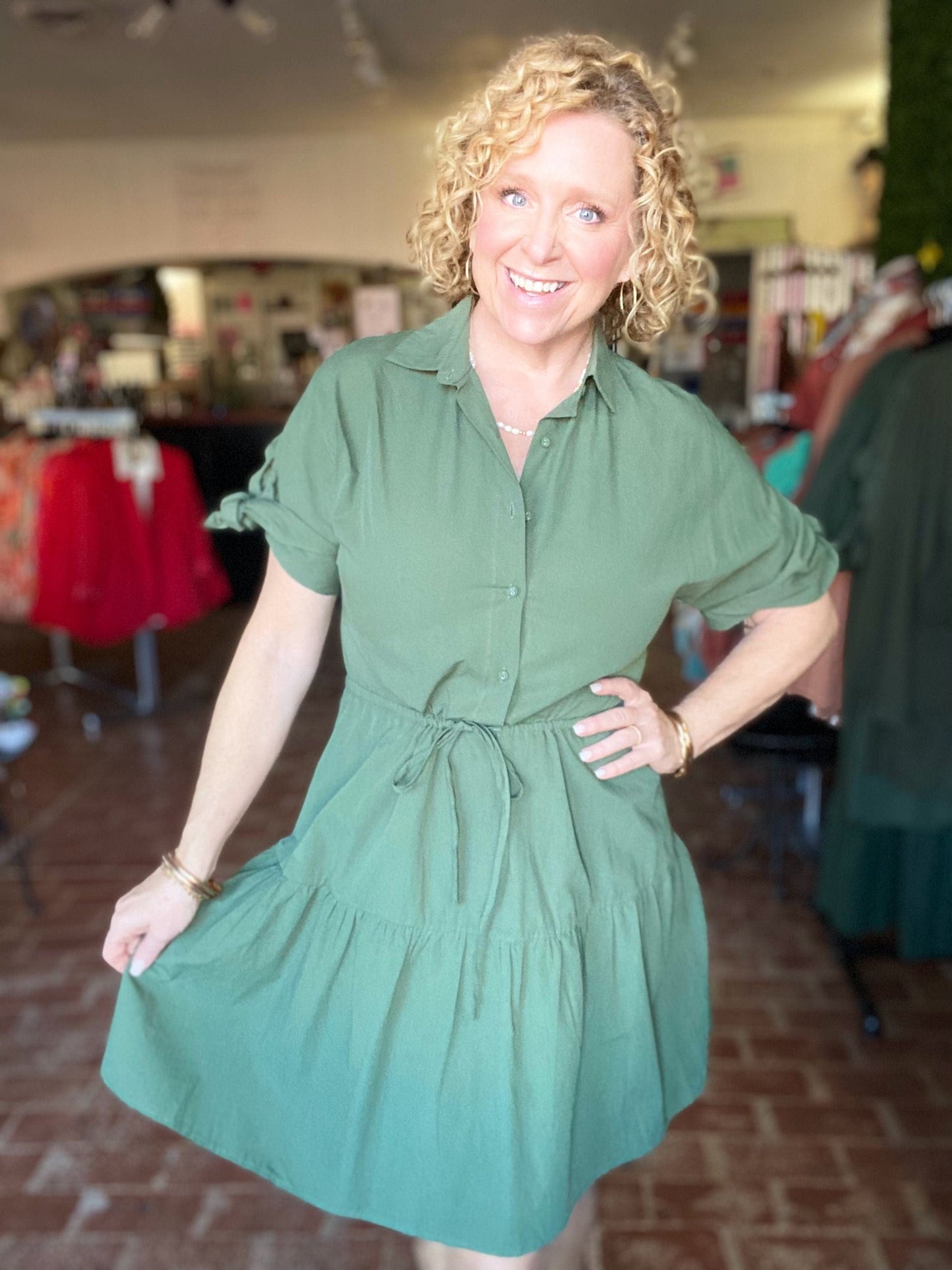 Dresses Poplin Cinch Waist Dress- Olive