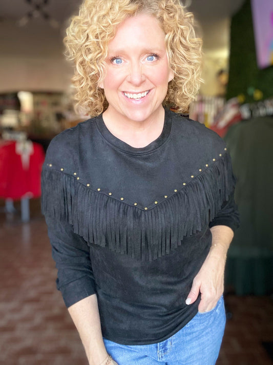 Tops Retro Studded Fringe Pullover- Black