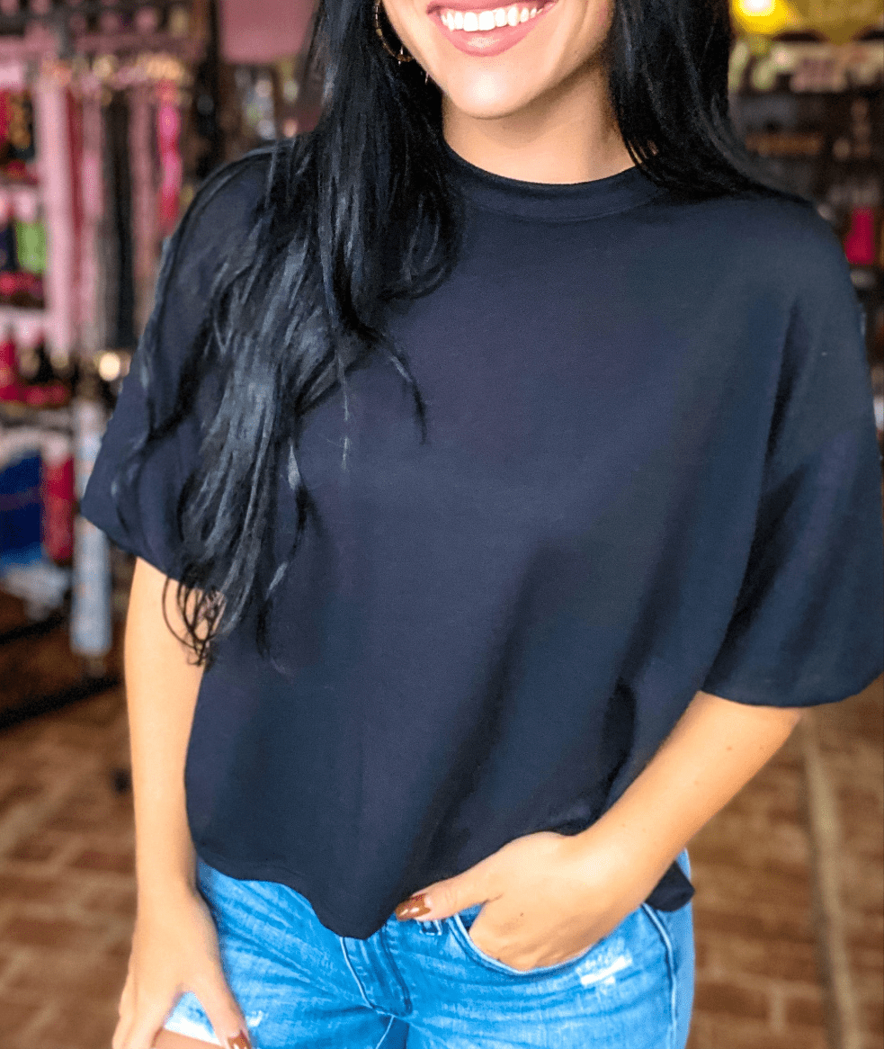 Tops Ribbed Puffy Sleeve Top-Black