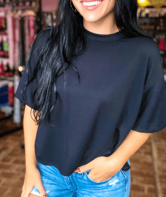 Tops Ribbed Puffy Sleeve Top-Black