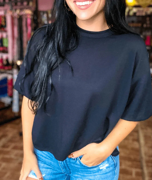 Tops Ribbed Puffy Sleeve Top-Black
