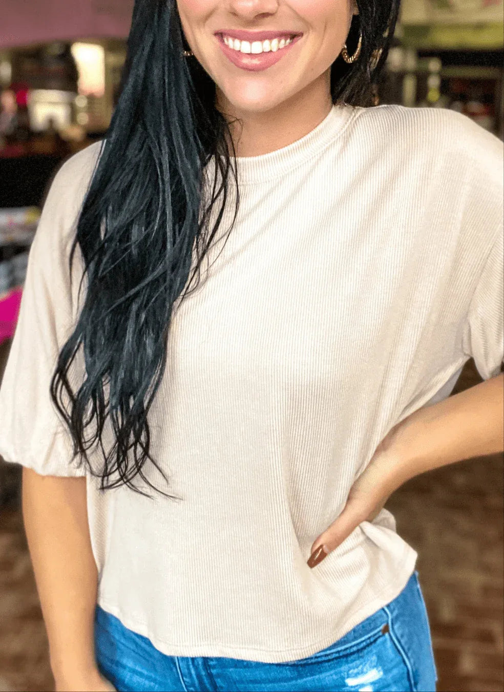 Tops Ribbed Puffy Sleeve Top-Latte