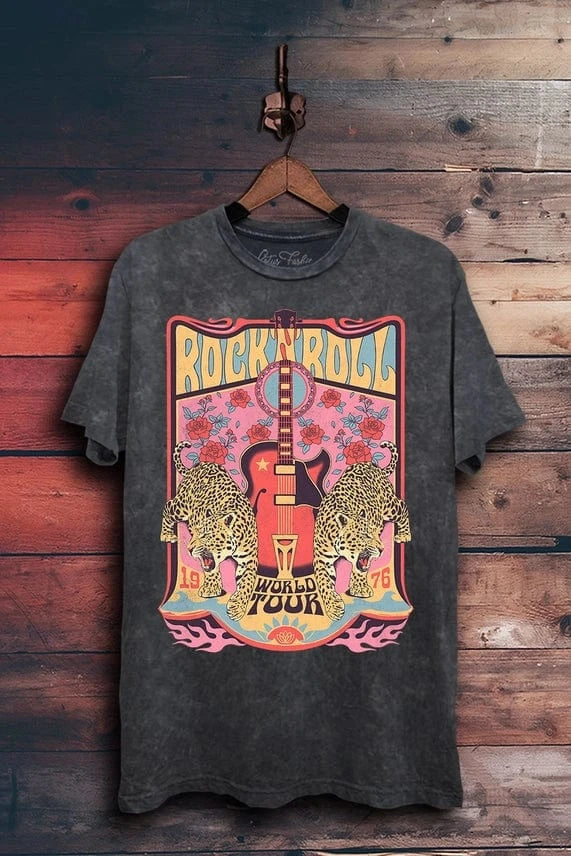 Graphic Tees Rock and Roll World Tour Leopard Tee-Pepper