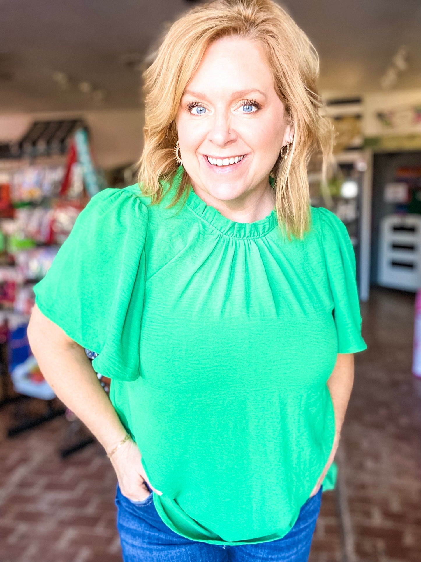 Tops Ruffle Neck Top- Green