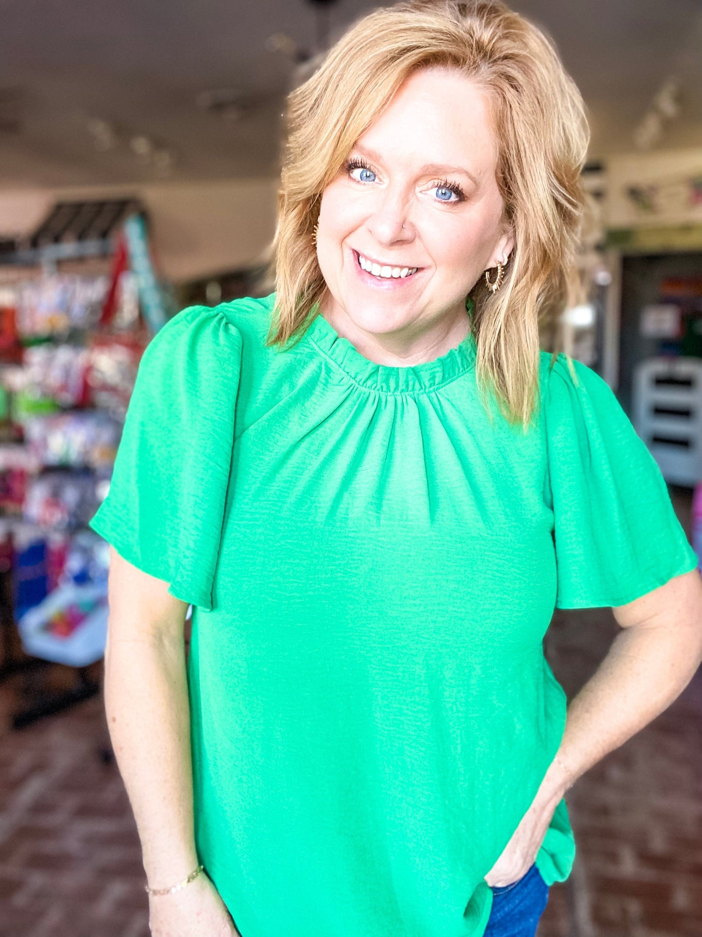 Tops Ruffle Neck Top- Green