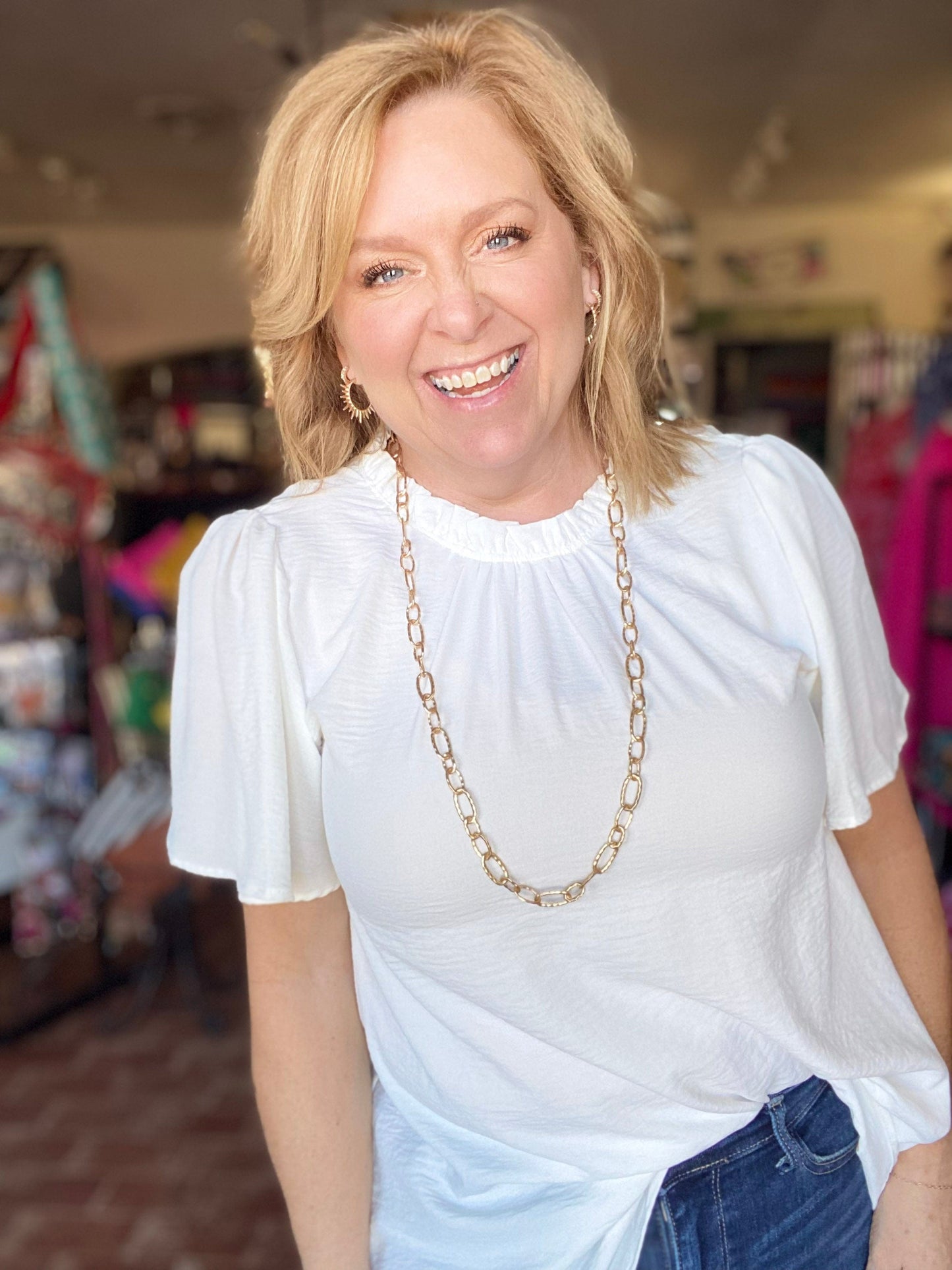 Tops Ruffle Neck Top- White