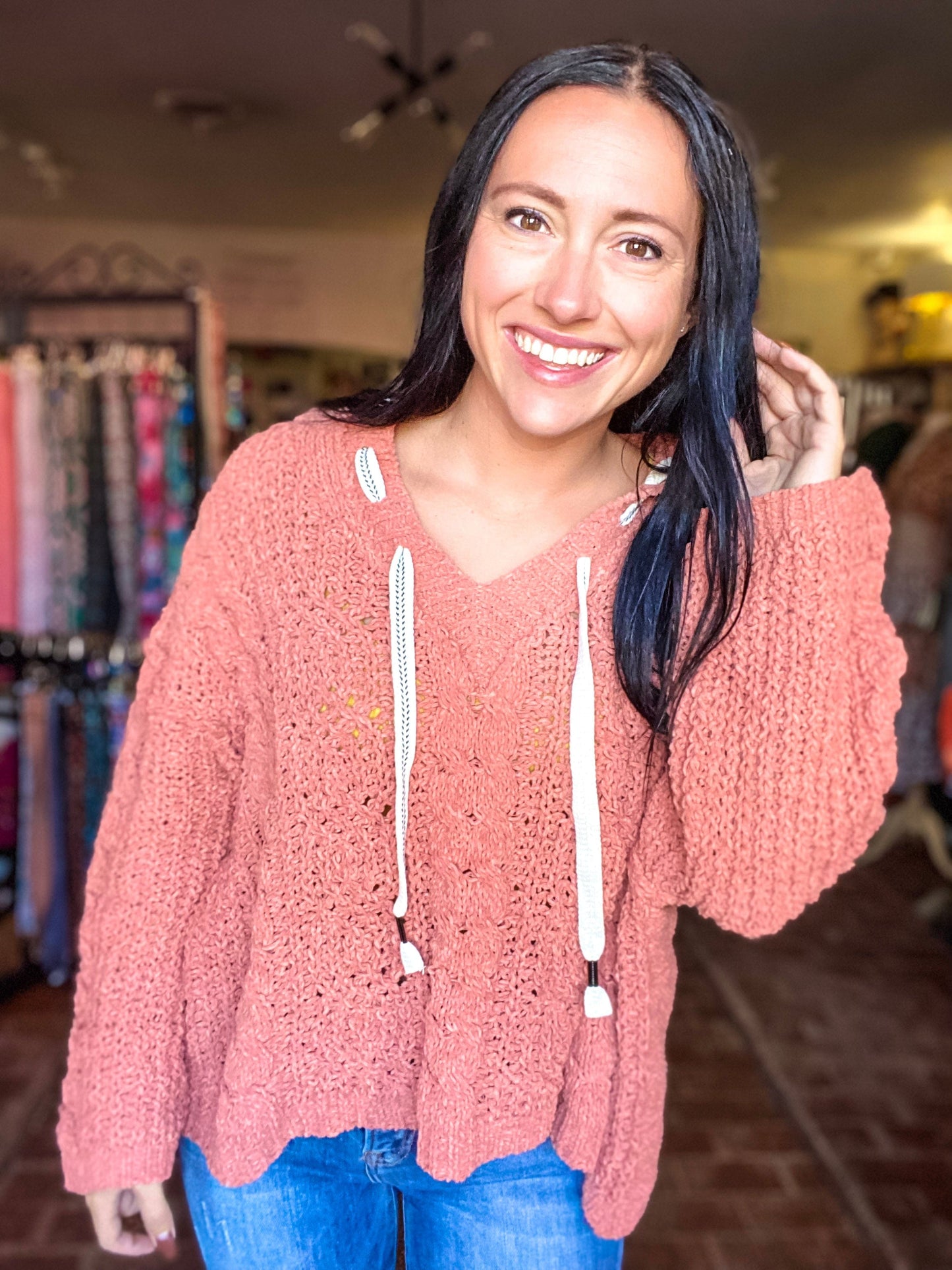 Outerwear Rusted Salmon Cropped Hooded Chenille Sweater
