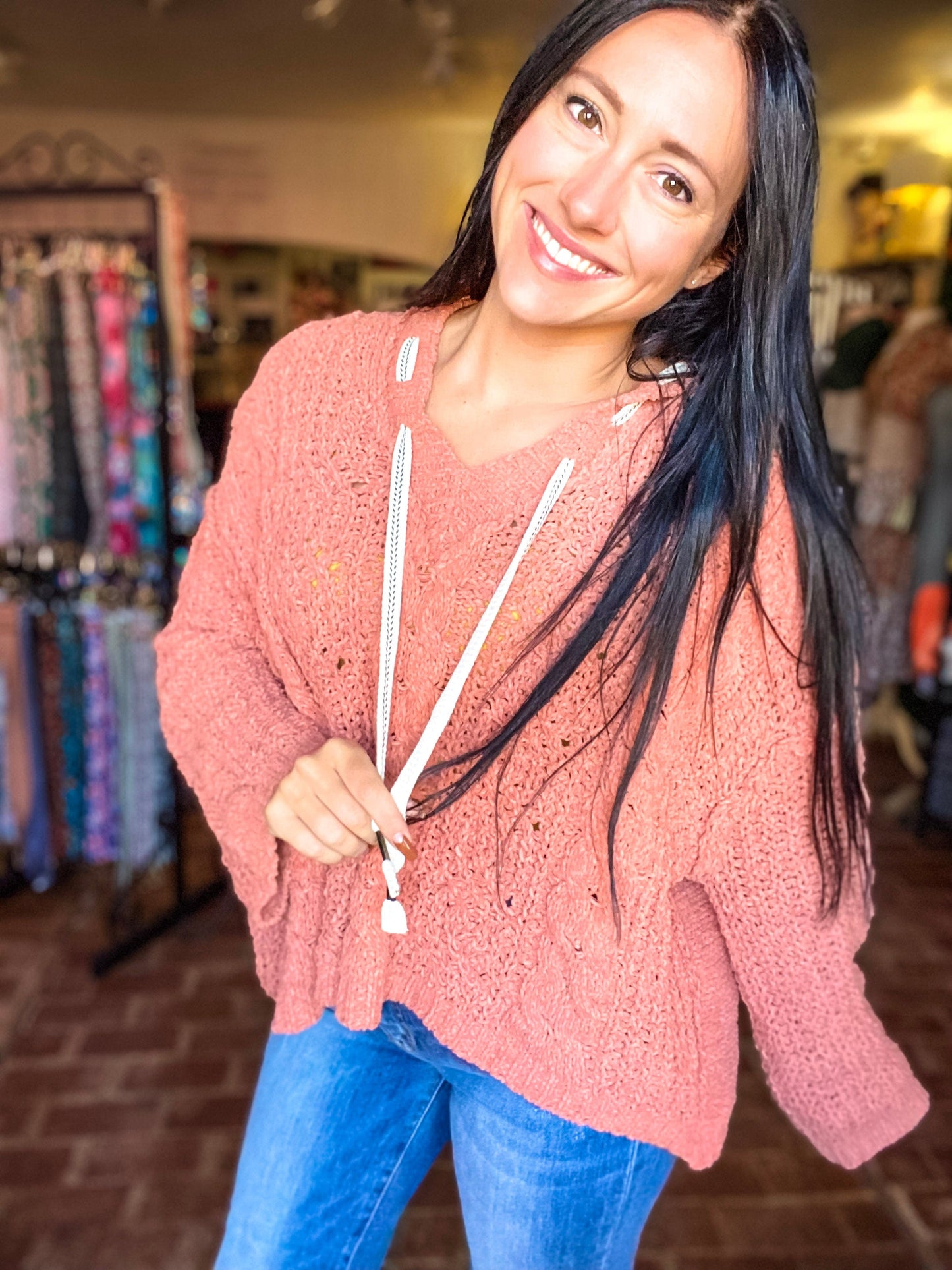 Outerwear Rusted Salmon Cropped Hooded Chenille Sweater