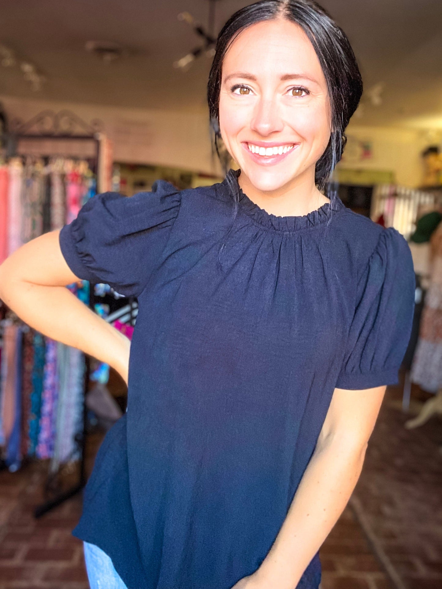 Tops Ryanne Ruffle Neck Top- Black