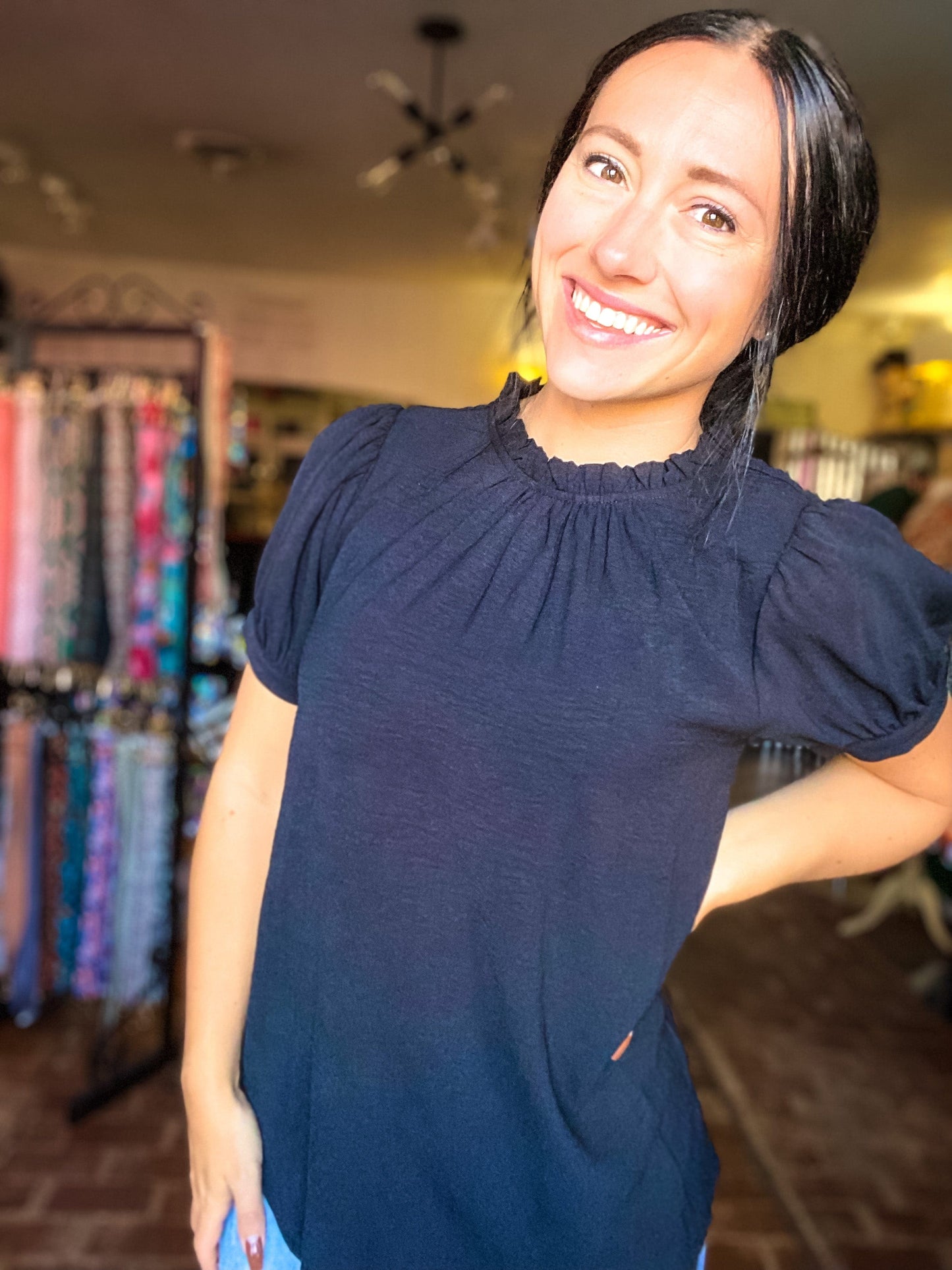 Tops Ryanne Ruffle Neck Top- Black