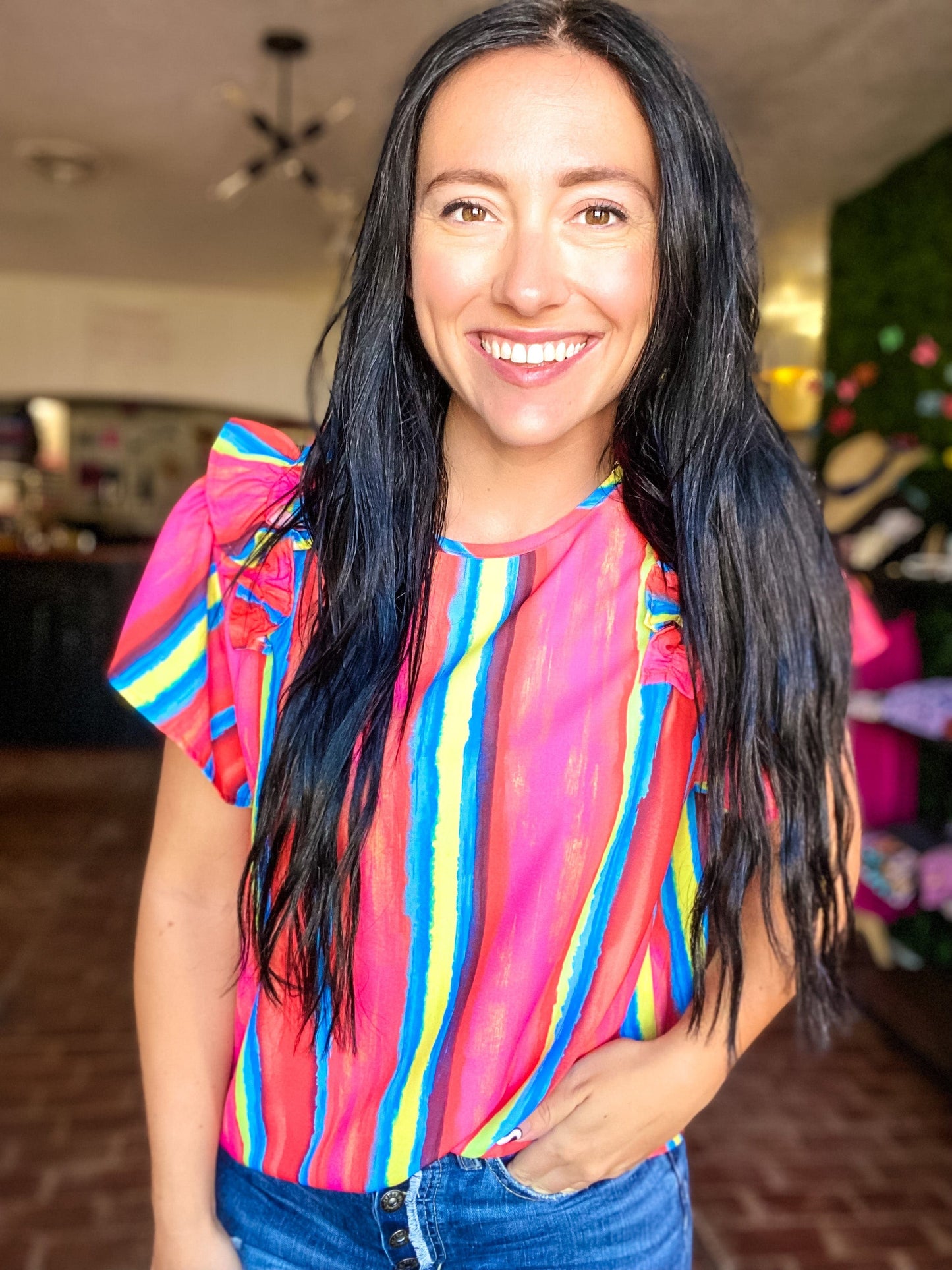 Tops Serape Ruffle Sleeve Top