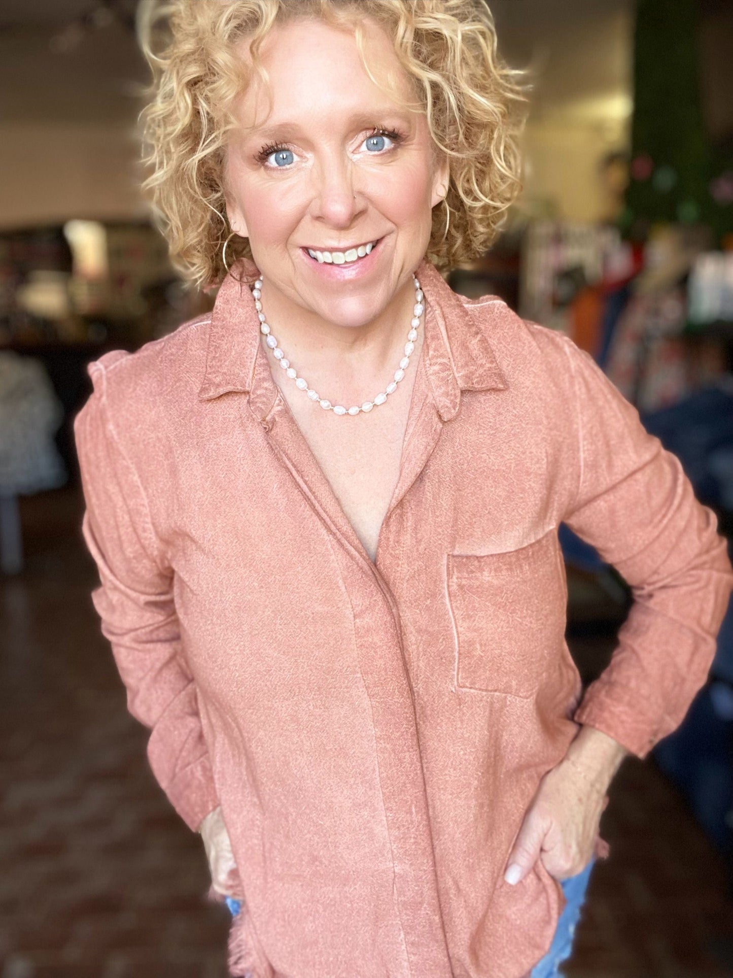 Tops Split Back Button Down Top- Rust