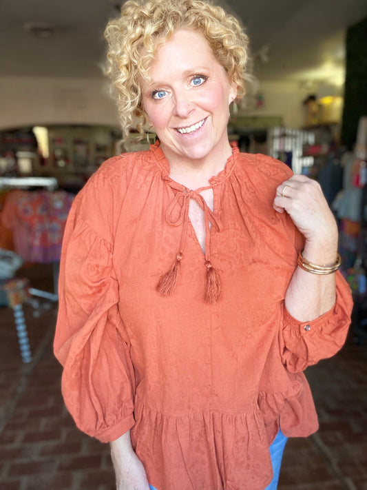 Umgee Curvy Pumpkin Peplum Top