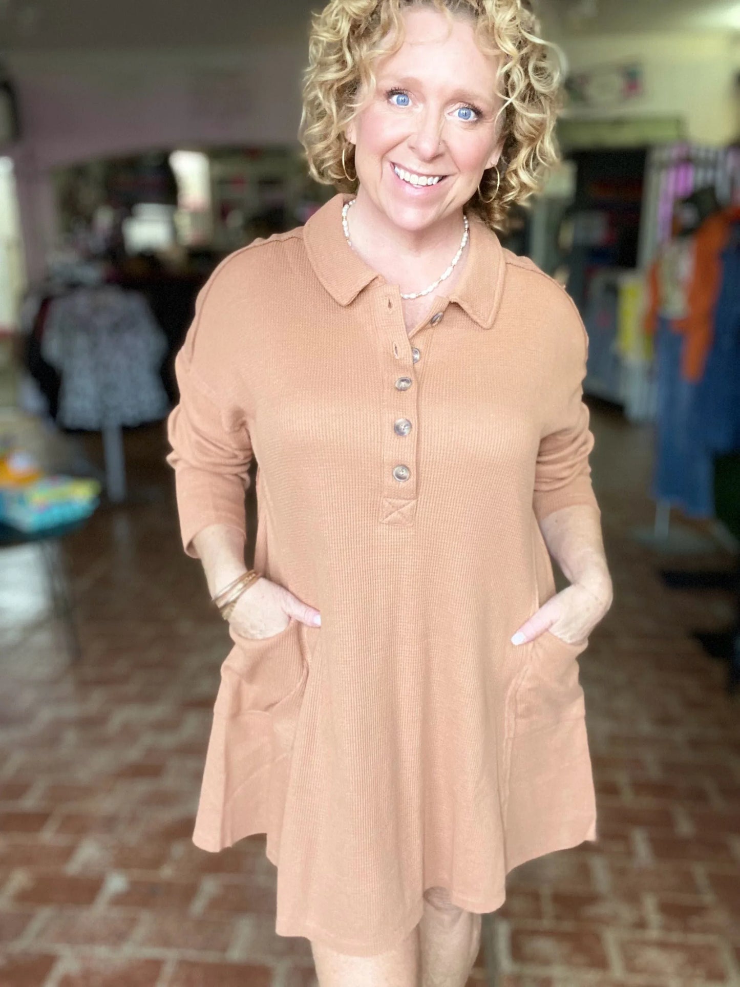 Waffle Knit Shirt Dress-Camel