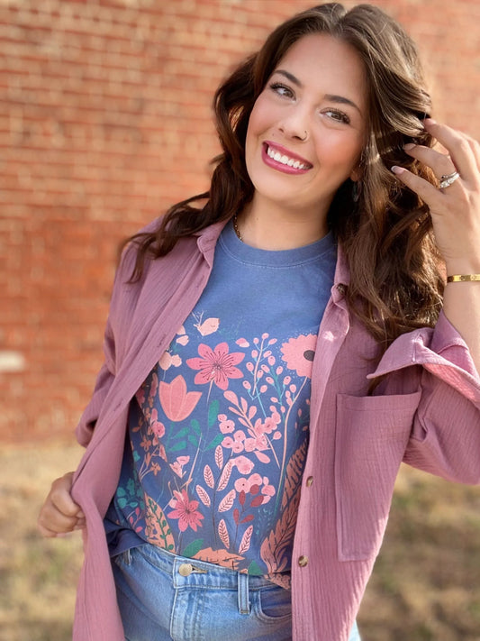 Graphic Tees Water Color Flowers Tee- Denim Blue