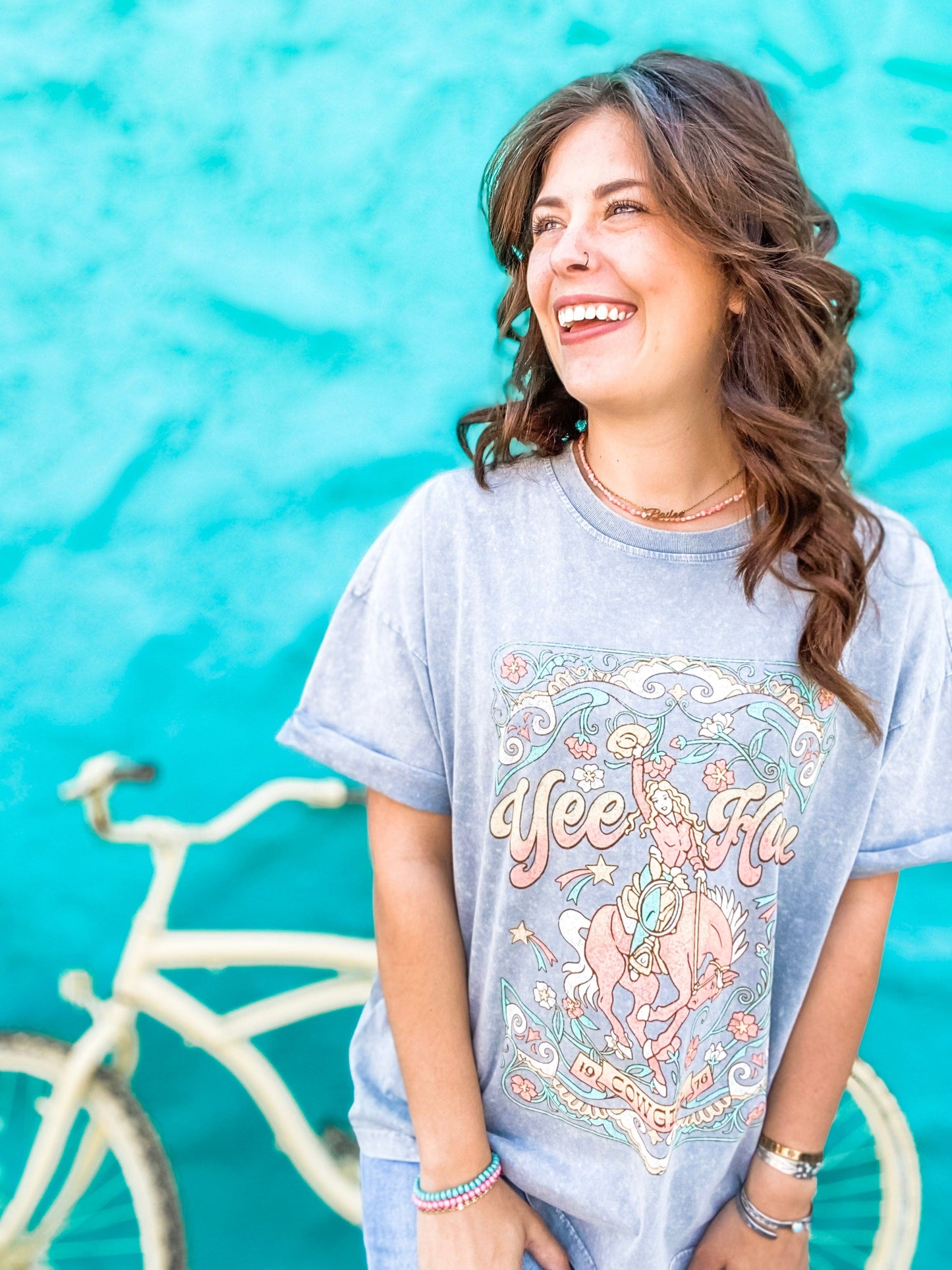 Graphic Tees Yeehaw Mineral Washed Tee in Grey Denim