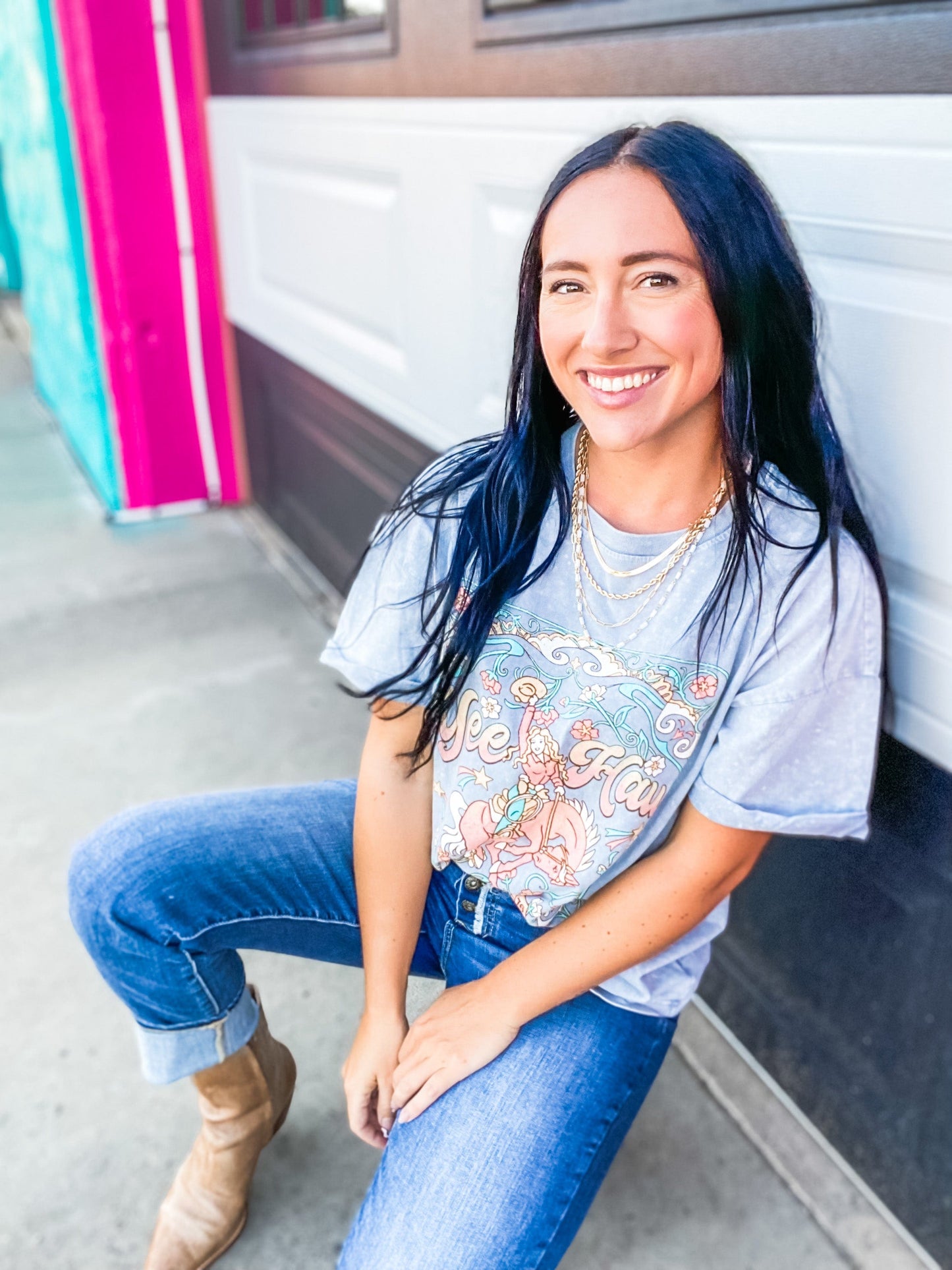 Graphic Tees Yeehaw Mineral Washed Tee in Grey Denim
