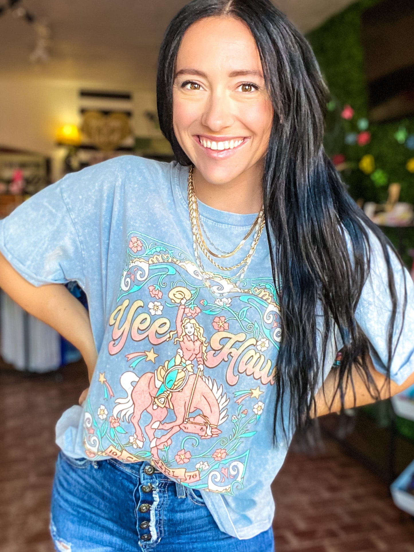 Graphic Tees Yeehaw Mineral Washed Tee in Grey Denim