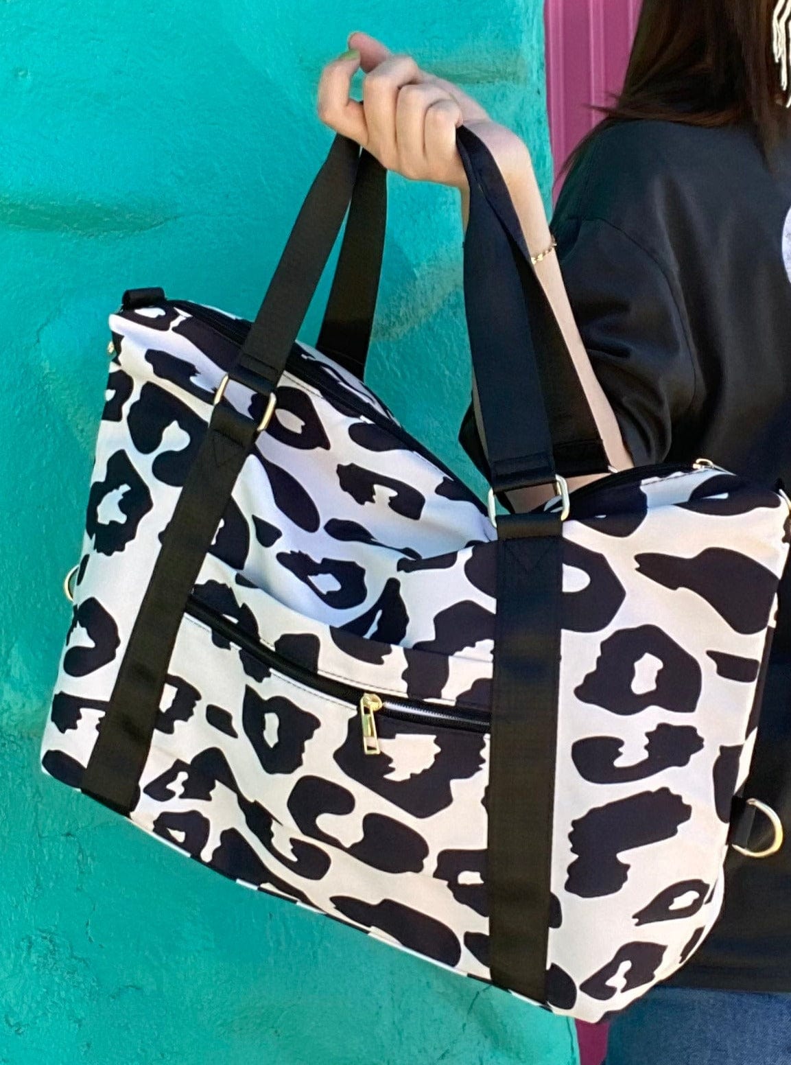 Leopard Weekender Bag Black and Cream Leopard