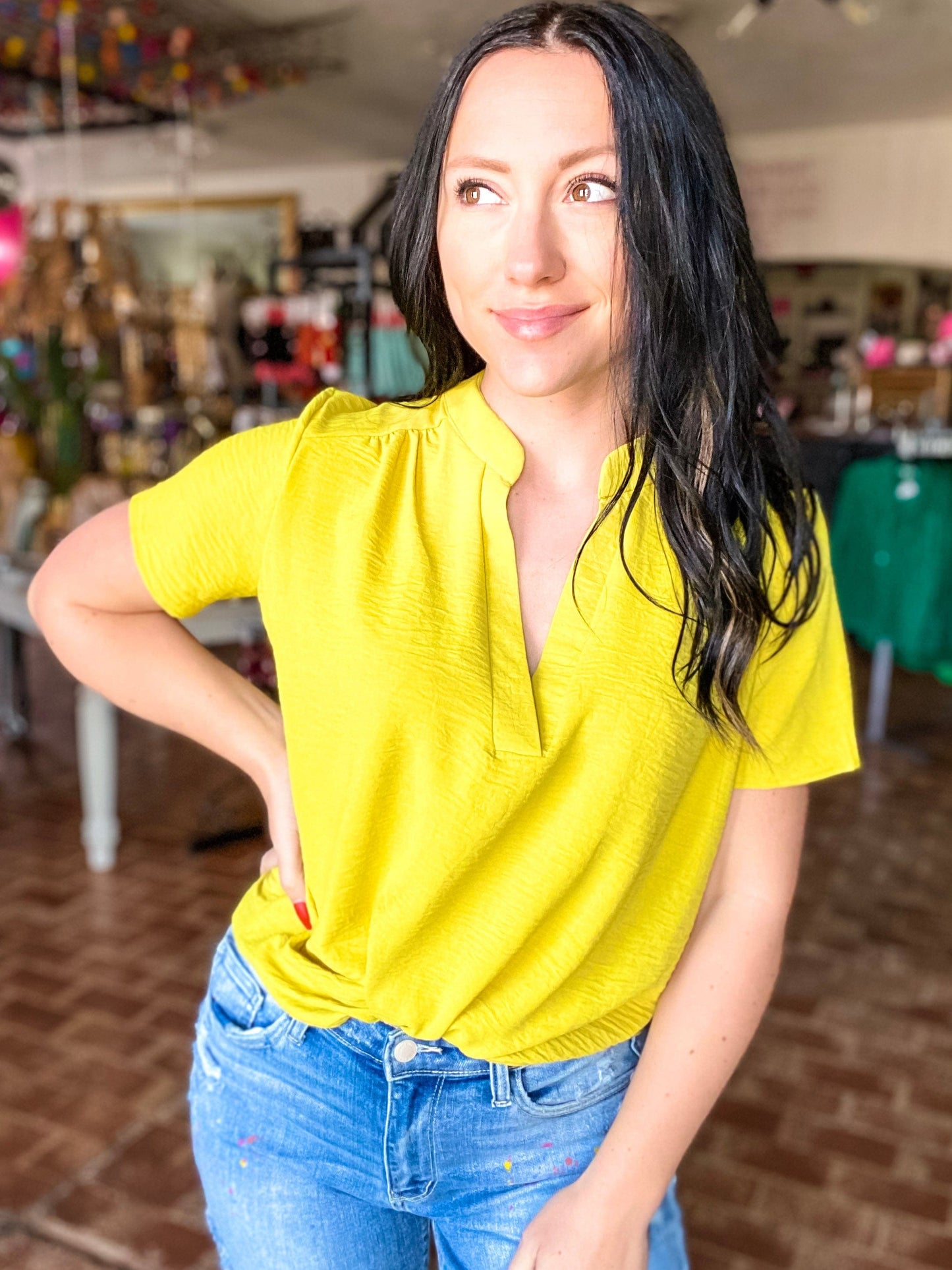 Tops Gabby V-neck Top-Golden Kiwi