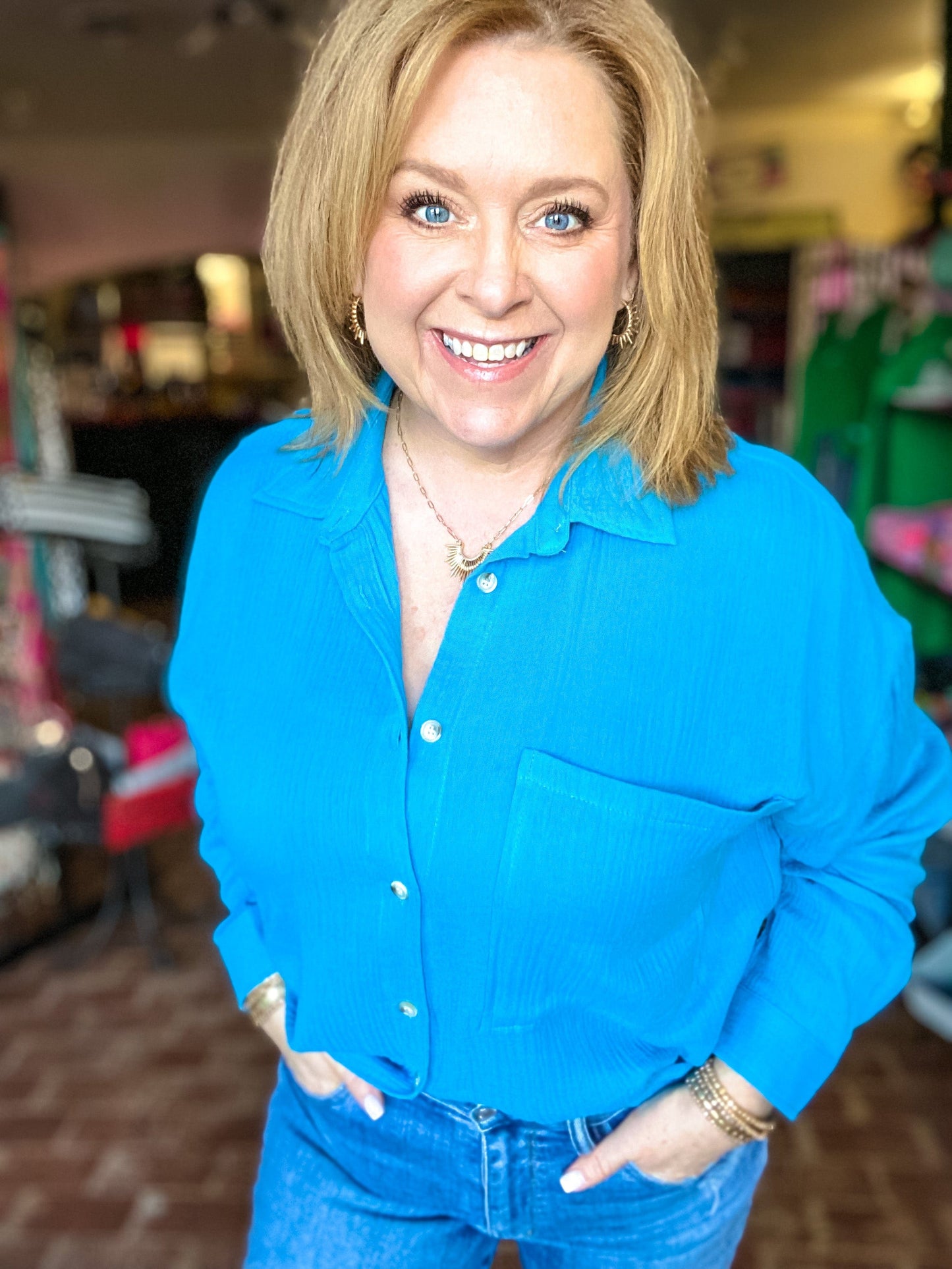 Tops Gauzy Button Down Aqua