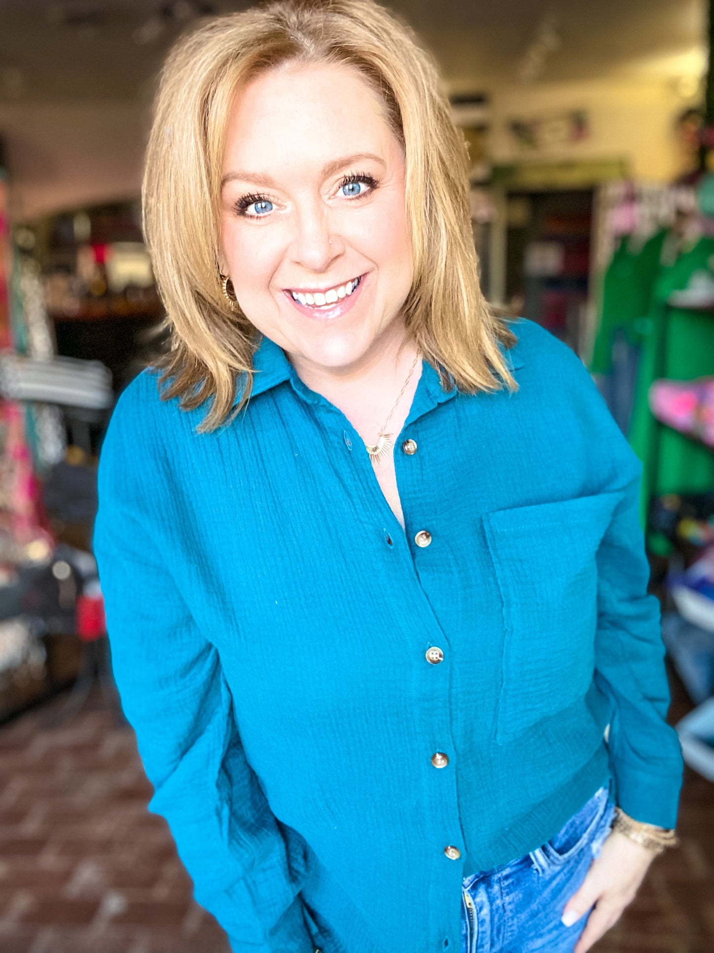Tops Gauzy Button Down Teal