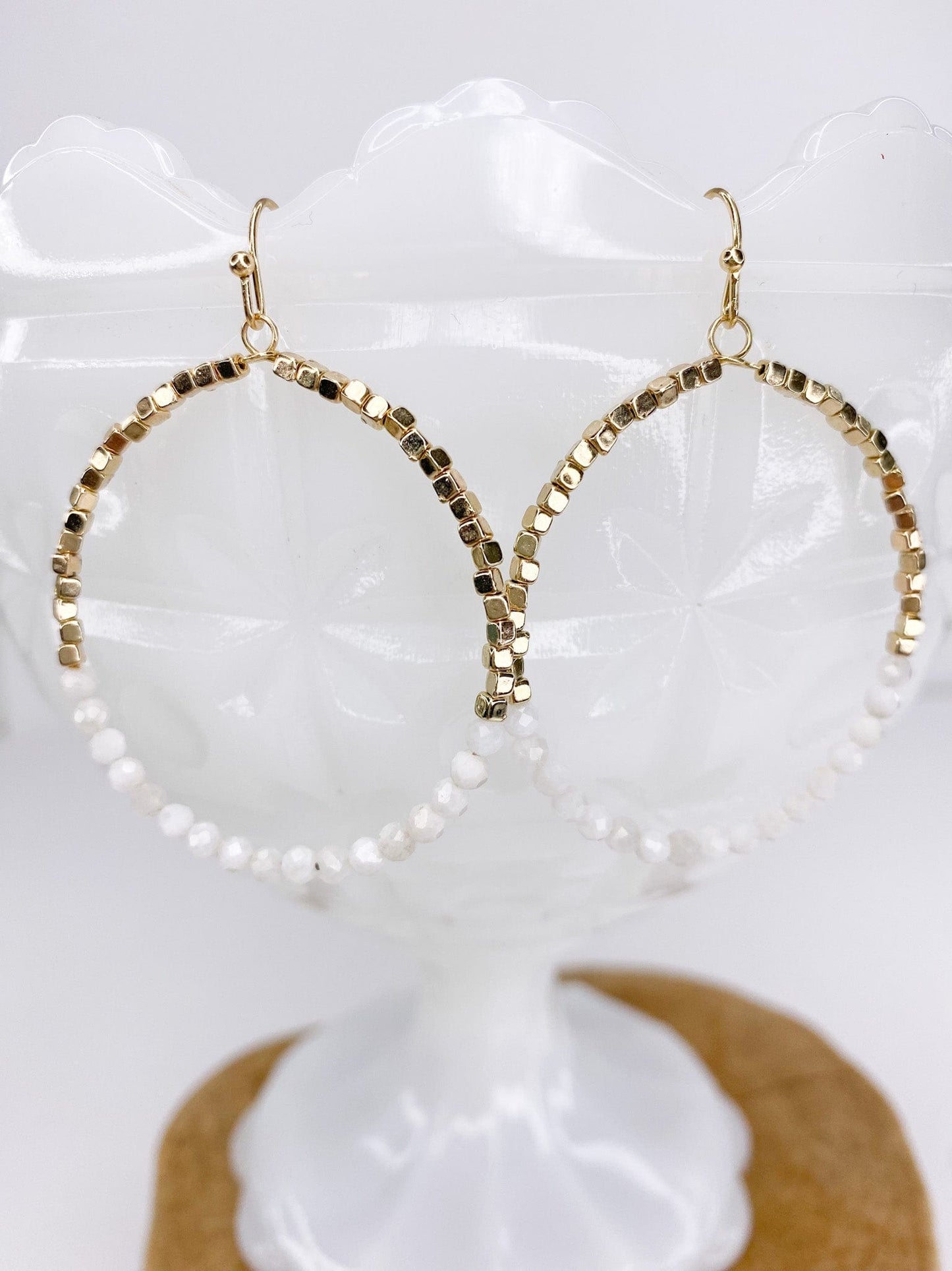 Earrings Half Beaded Hoop Earring-White