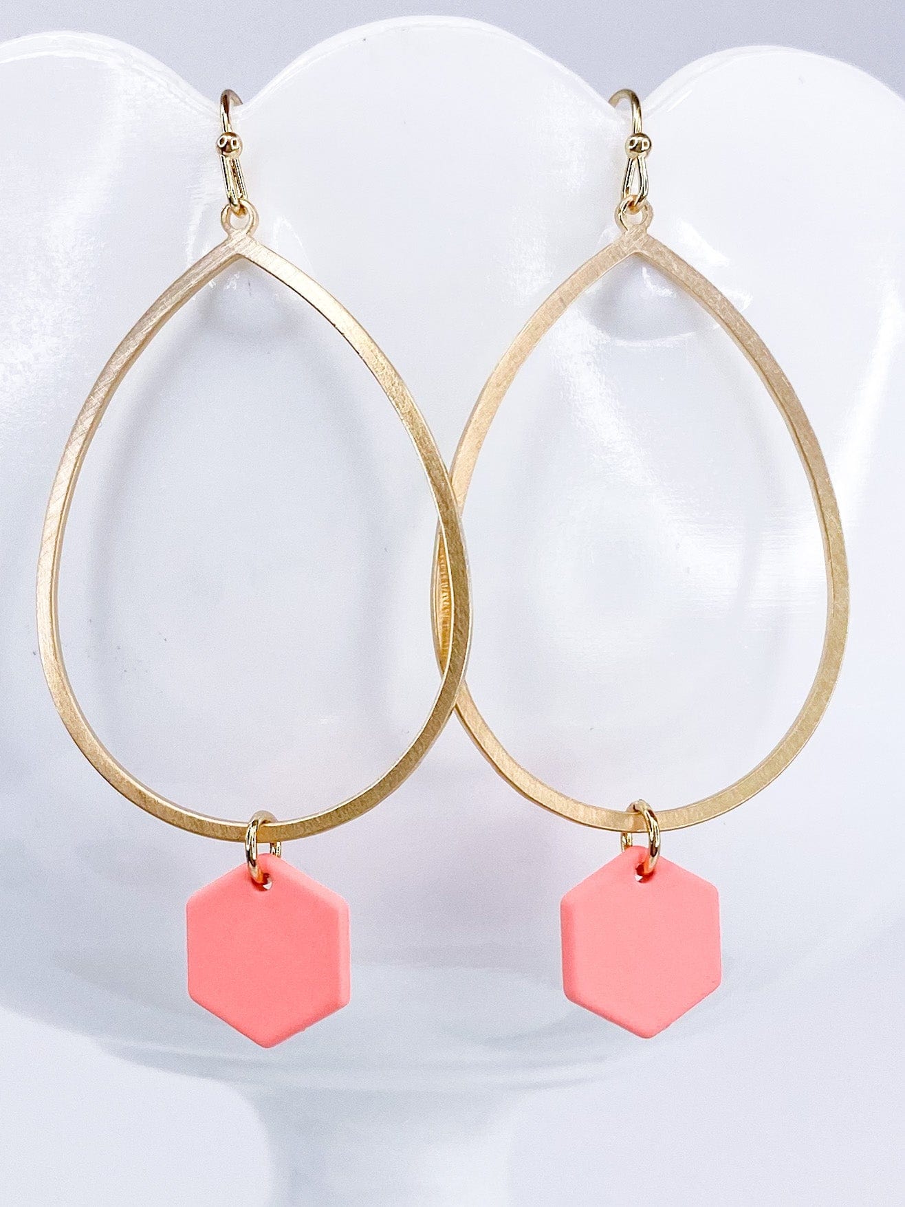 Earrings Hexed Tear Drop- Coral