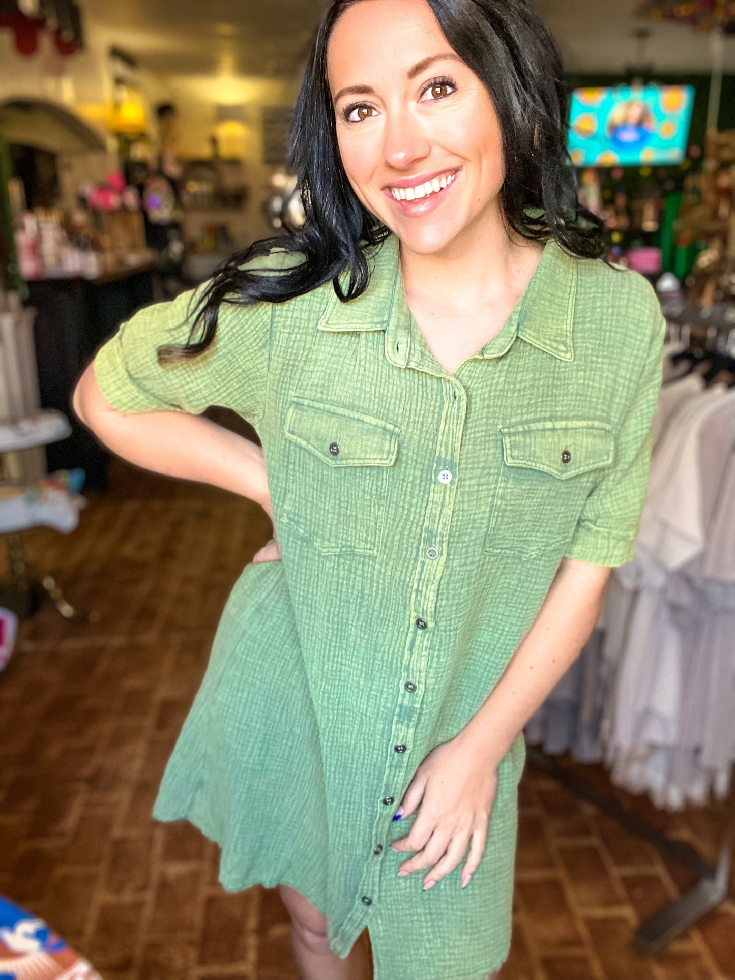 Dresses Olive Gauze Shirtdress