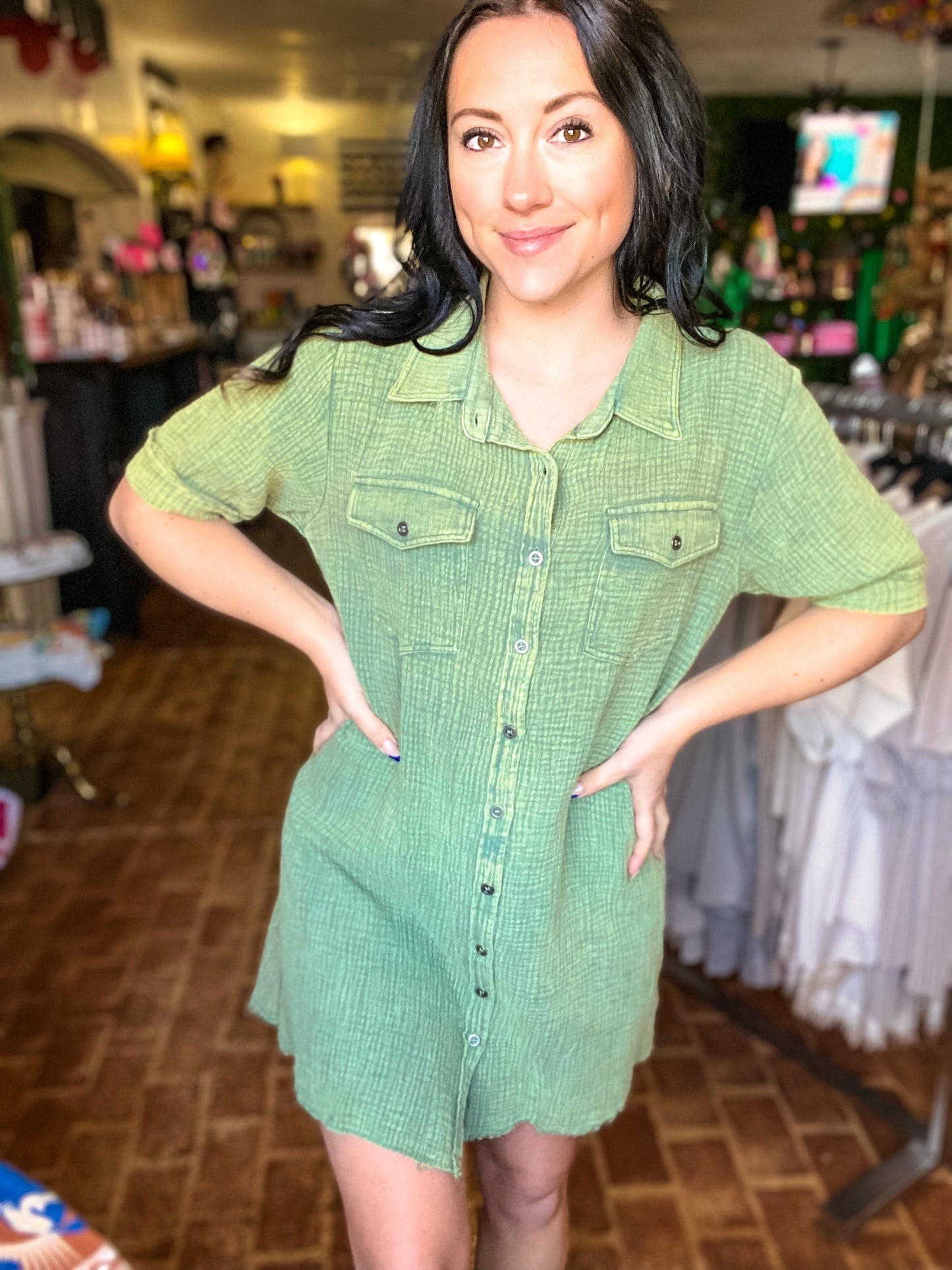 Dresses Olive Gauze Shirtdress