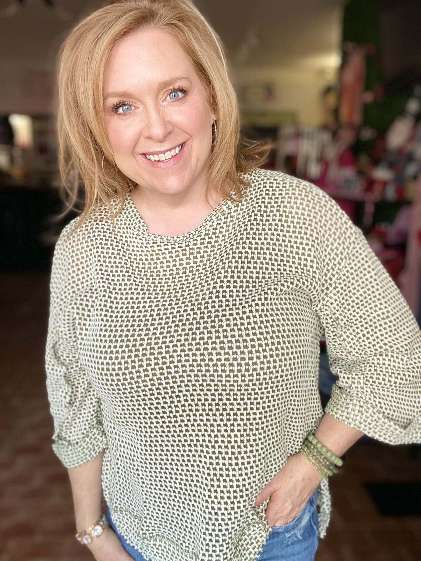 Tops Olive Waffle Pullover